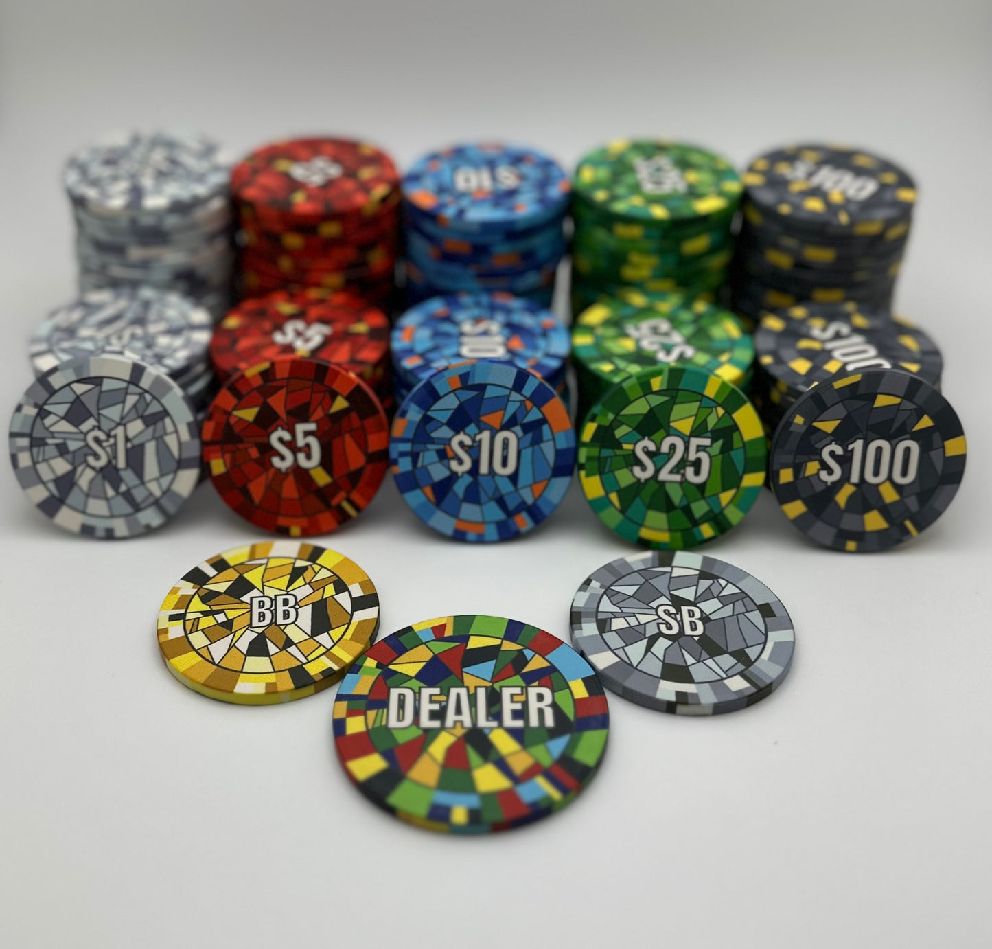 Stained-Glass Rainbow Ceramic Poker Chips - Genesis Founders Set - 8 Piece Sample