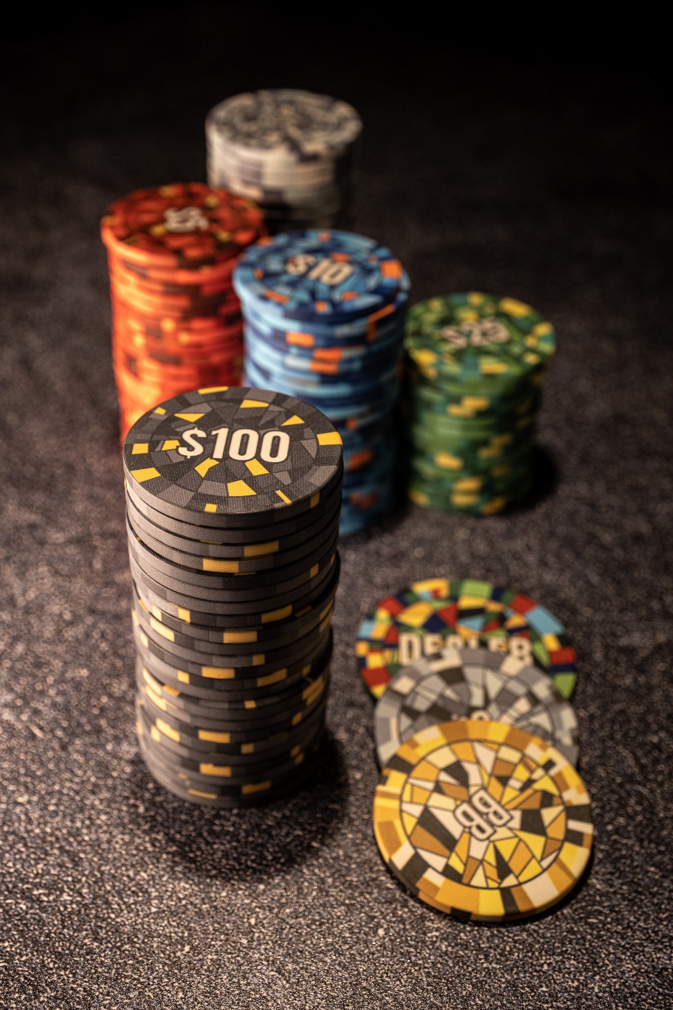 Stained-Glass Rainbow Ceramic Poker Chips - Genesis Founders Set - 1000 Chips with Glass Case