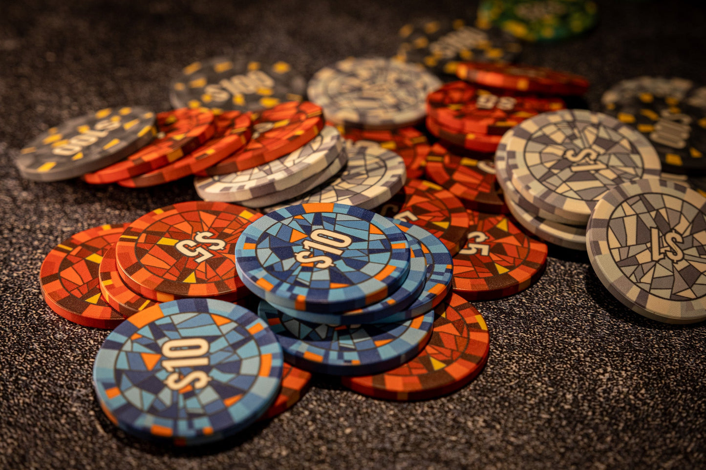 Stained-Glass Rainbow Ceramic Poker Chips - Genesis Founders Set - 1000 Chips with Glass Case