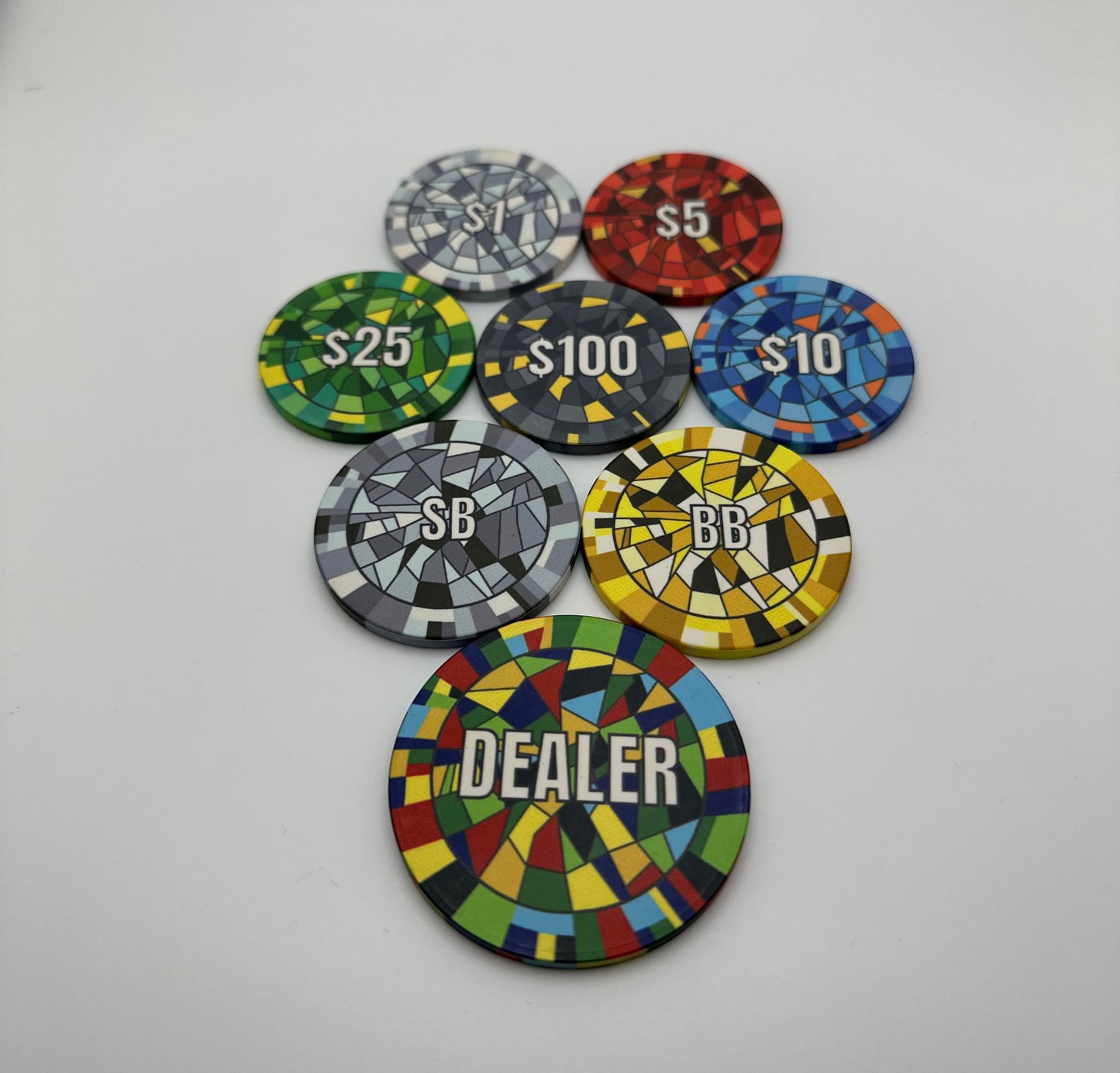 Stained-Glass Rainbow Ceramic Poker Chips - Genesis Founders Set - 8 Piece Sample