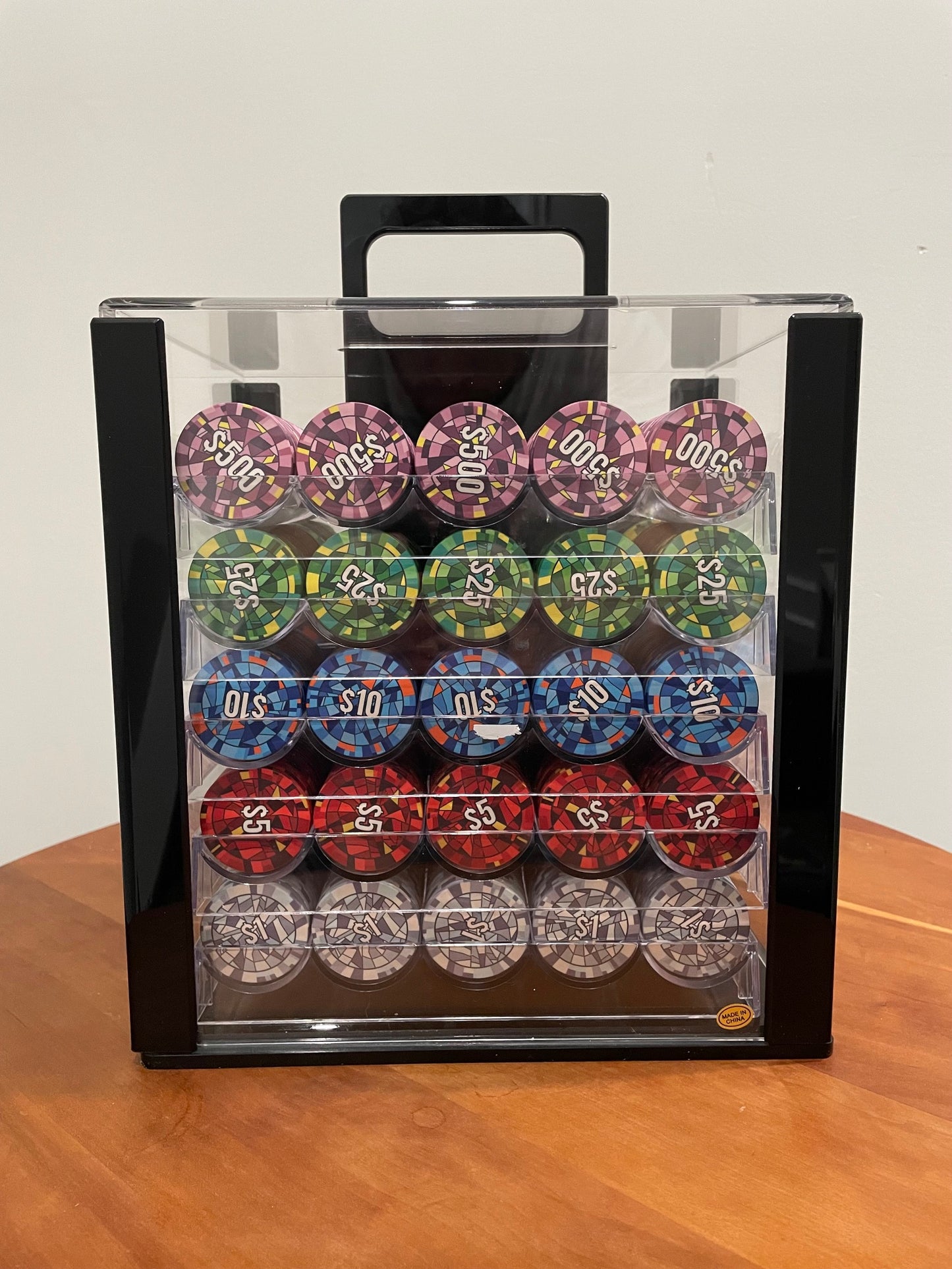 Stained-Glass Rainbow Ceramic Poker Chips - Genesis Founders Set - 1000 Chips with Glass Case