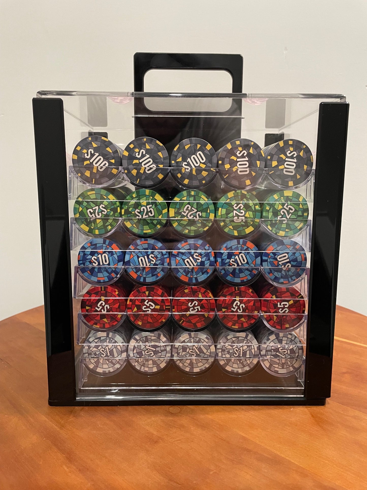 Stained-Glass Rainbow Ceramic Poker Chips - Genesis Founders Set - 1000 Chips with Glass Case